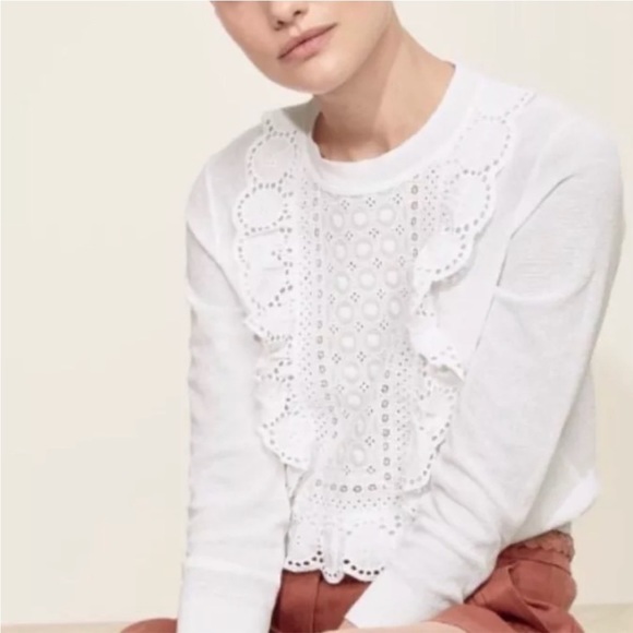 J. Crew Tops - J CREW White Lace Cotton Crew Neck Long Sleeve Bib Eyelet Blouse Top XL